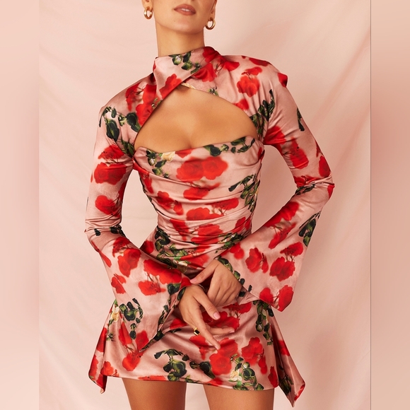 House of CB Dresses & Skirts - NWT House of CB Toira Rose Print Draped Corset Long Sleeve Mini Dress S